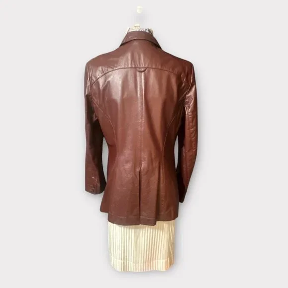 VTG Etienne Aigner Blazer Women M-L Oxblood Leather Notch Collar Jacket 1980s - Picture 3 of 12